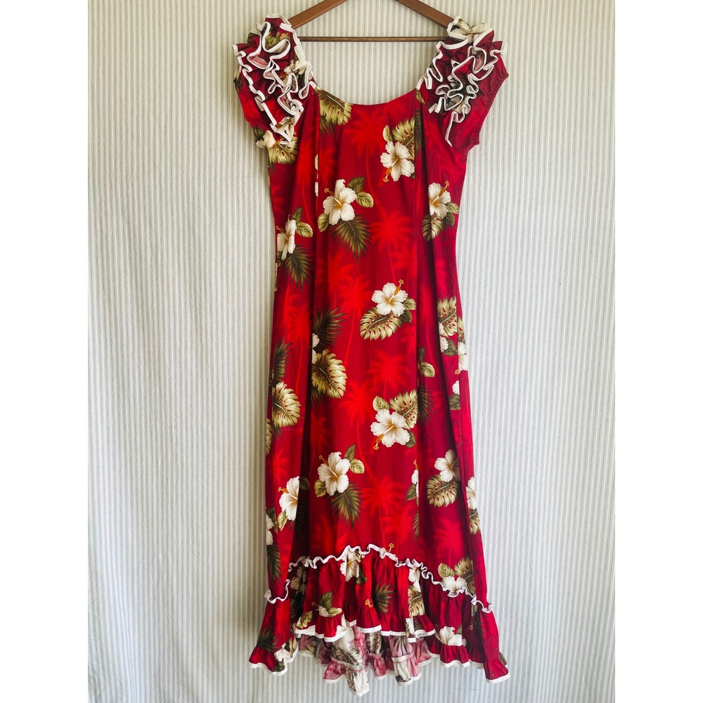 Pacific Legend Hawaiian Muumuu Dress XL Red Hibiscus Ruffle Maxi Made in Hawaii